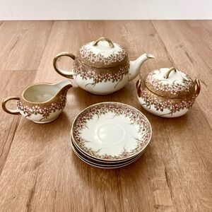 Antique Nagoya Nippon Tea Set Hand Painted Heavy Gold & Pink Flowers Teapot Rare